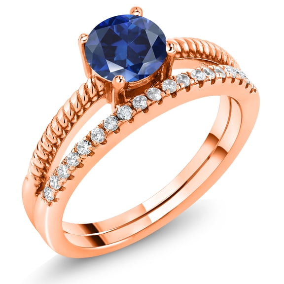 Gem Stone King 18K Rose Gold Plated Silver Blue Created Sapphire Engagement Engagement Ring for Women (1.19 Cttw, Gemstone September Birthstone, Round 6MM, Size 6)