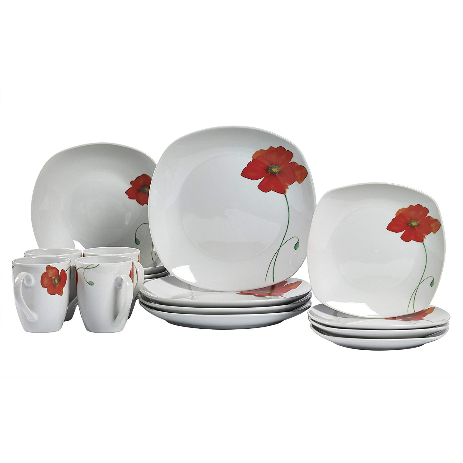 Melamine Dinnerware Plates Plastic Sets of 4 Dinner Plates 10.5" Poppies 