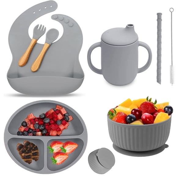 6pcs Baby Feeding Set, Silicone Baby Plates Feeding Supplies Included Suction Bowl and Divided Toddler Plate, Baby Spoon, Fork, Bib, Sippy Cup with Straw and Lid, Food Grade BPA Free, Gray