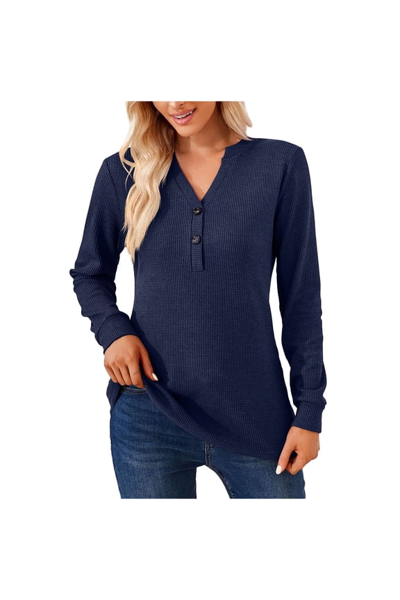 Fall Blouses for Women V-Neck Pure Color Casual Button Comfortable Breathable Lightweight Fashion Long Sleeve Tops Loose Blouses Tops Dark Blue XL