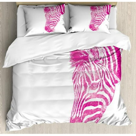King Size Head Pink Zebra King Size Duvet Cover Set, Head of Zebra Vibrant Portrait Watercolor Murky Aquarelle Watercolor Print, Decorative 3 Piece Bedding Set with 2 Pillow Shams, Magenta White, by Ambesonne ()