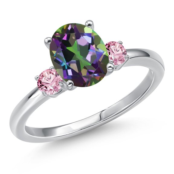 Gem Stone King 14K White Gold Green Mystic Topaz and Pink Lab Grown Diamond Engagement Ring for Women | 2.56 Cttw | Oval 9X7MM | Gemstone November Birthstone | Size 5