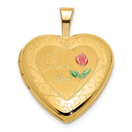 DewberryDiamonds 14K Yellow Gold Polished and Satin Pink and Green Enamel Rose I LOVE YOU Script 16mm Heart Locket (Weight : 1.97gm, Length : 21.5mm, Width : 16.2mm)