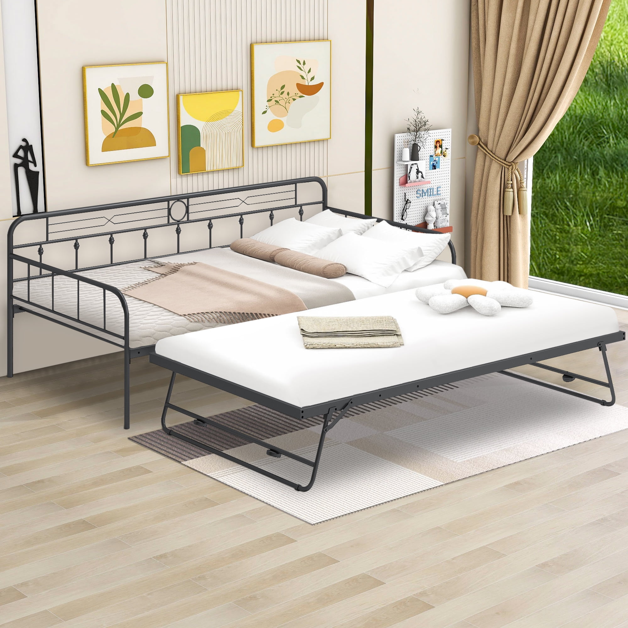 Daybed with Trundle Pop Up, HSUNNS Twin Size Metal Daybed Sofa Bed for