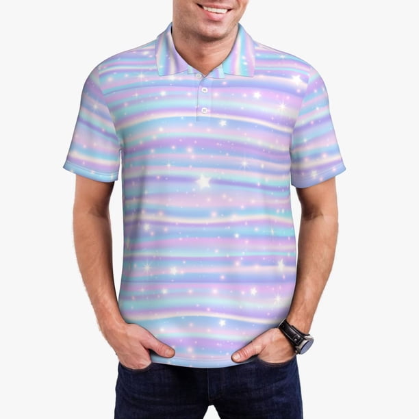Fotbe Striped Gradient Camiseta Polo de Golf para Hombre con Estampado – Camisa Deportiva Transpirable con Cuello Abotonado-3X-Large