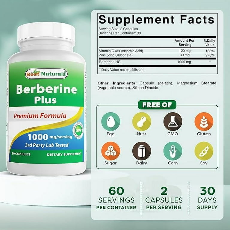 (2 pack) Best Naturals Berberine Plus 1000mg, Non-GMO, 60 Capsules