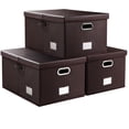 thumbnail image 1 of Caja de almacenamiento plegable con tapa, paquete de 3 unidades, contenedor organizador plegable de tela tipo cuero, cesta cubo con tapa para el hogar, recámara, clóset, oficina, guardería, 1 of 6