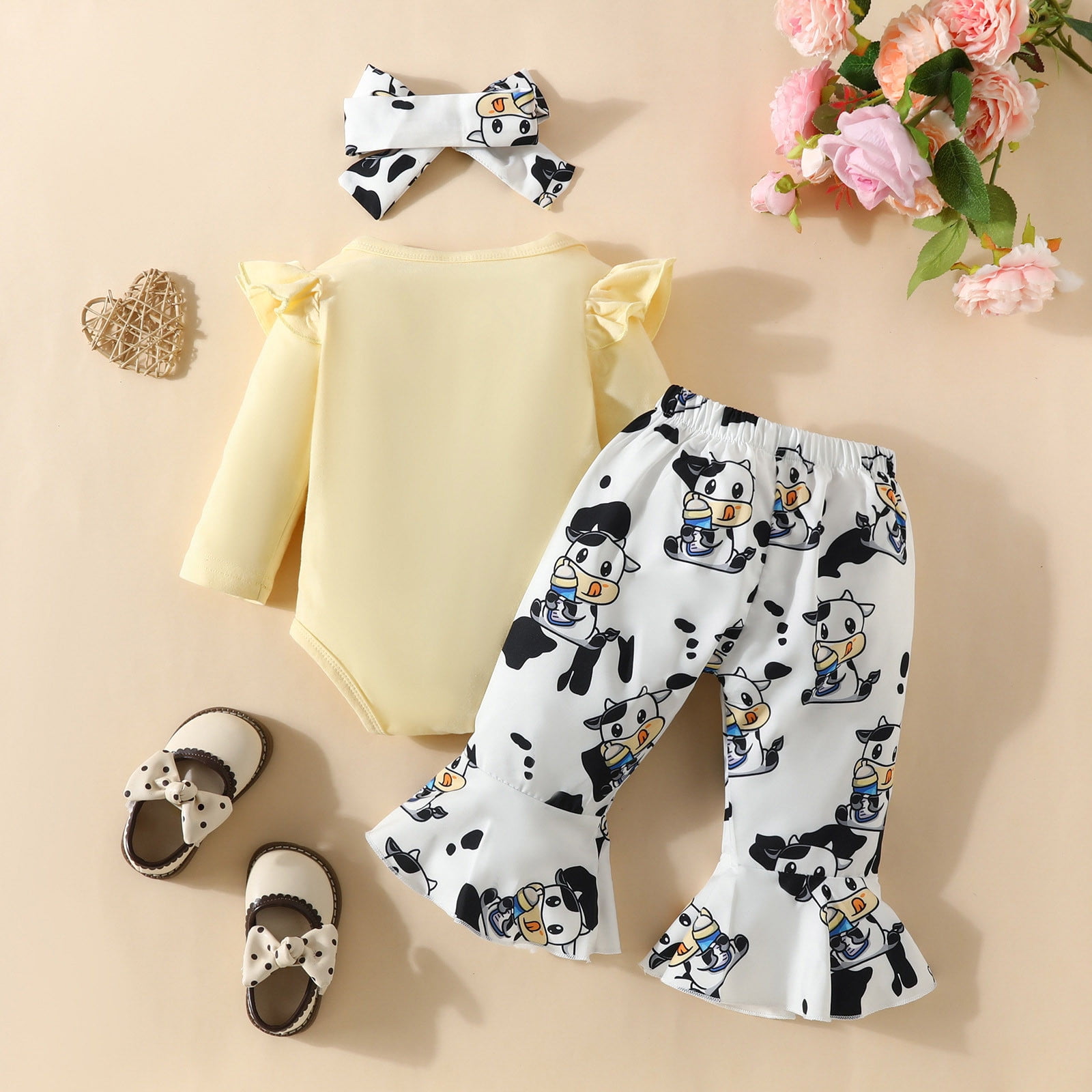 Girls Outfit Long Sleeve Printed Romper Bodysuit Cartoon Dairy Cow Prints Bell Bottoms Headband Outfits Girls Clothes Set Beige 0 Months-3 Months