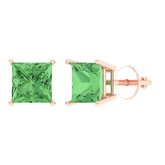 4 ct Screw-Back Stud Earrings for Women | 7.0mm Princess Cut Simulated Green Diamond | 18K Rose Gold