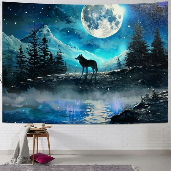 PRATYUS Moon Over Ocean Tapestry Wall Hanging Galaxy Wolf on Mountain Wall Tapestry 3D Fantasy Watercolor Starry Night Sky Tapestry Wall Art for Bedroom Living Room Dorm Home Decor, Painting