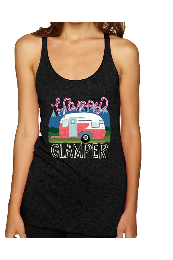 Happy Glamper | Fancy Camping Camper Van Caravan | Nature Lover Tri-Blend Racerback Sleeveless Top, Vintage Black, XL