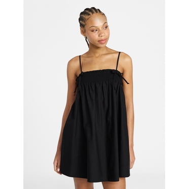 No Boundaries Cotton Poplin Smocked Mini Dress with Tie Straps, Women's XXS-XXL