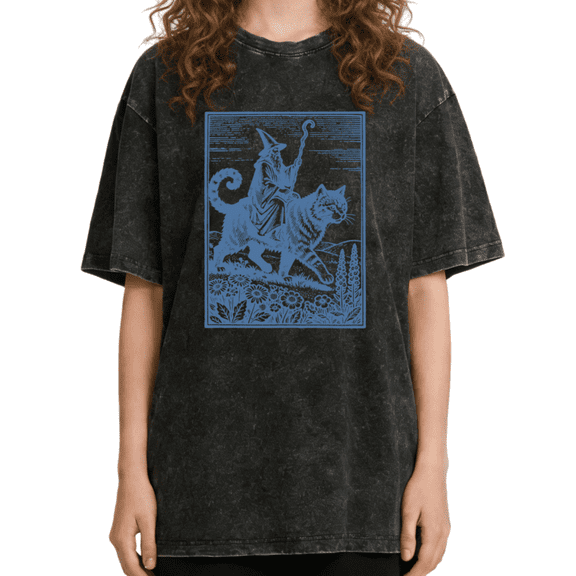 Women's Wizard Riding Giant Cat Linocut Style Aesthetic Witchy Cat Graphic Washed T Shirt Black S-2XL Plus Size