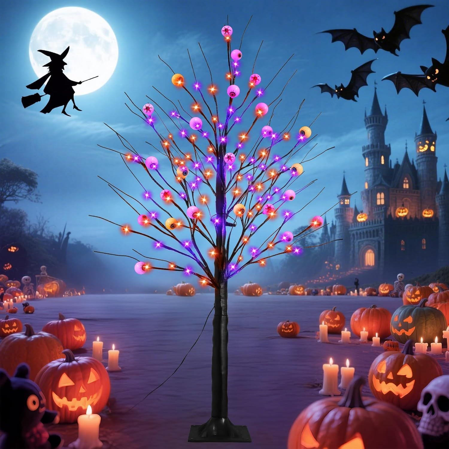 6FT Halloween Decorations Spooky Tree Lights, Large Black Trees with 144 Orange & Purple LEDs, Light up Artificial Tree with Time Function for Outdoor Indoor Home Party Decor