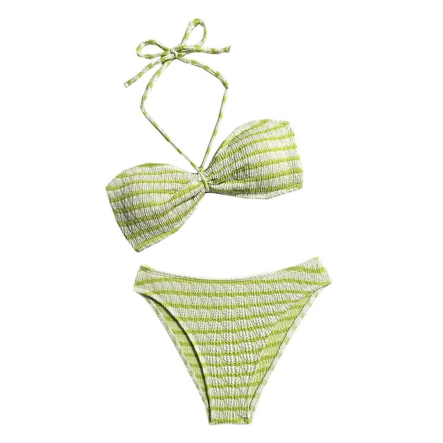 Trajes de baño Amzcrzy Tankini para mujer, trajes de baño, traje de baño, bikini para mujer con cuello colgante, traje de baño de playa dividido con estampado de rayas de moda, verde, L