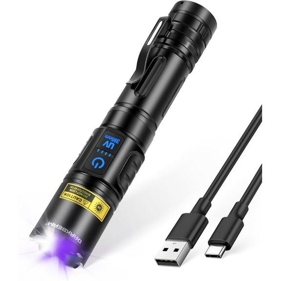 UV Flashlight Blacklight 395nm Black Light, High Lumens LED Flashlights USB Rechargeable Super Bright for Camping, Powerful Woods Lamp Pet Urine, Uranium Glass Detector, Resin Curing