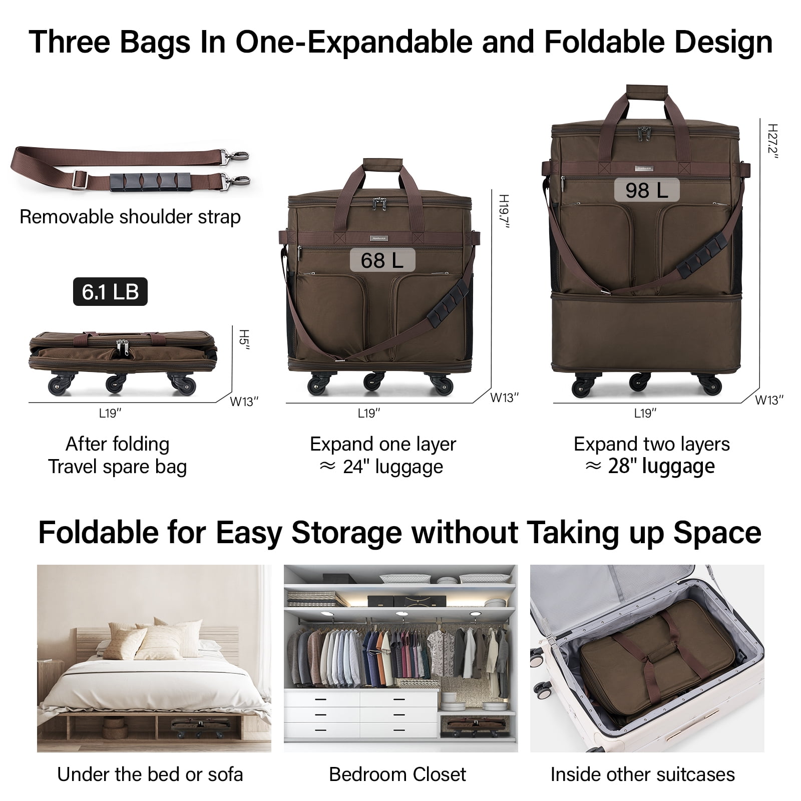 Hanke Suitcases with Wheels Expandable Foldable Luggage Bag Suitcase Collapsible Rolling Travel Bag Duffel Bag for Men Women Lightweight Suitcases,Coffee
