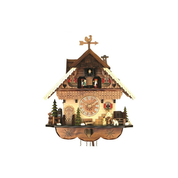 Quartz Cuckoo Clock Black Forest house with moving wood chopper and mill wheel, with music EN 484 QMT
