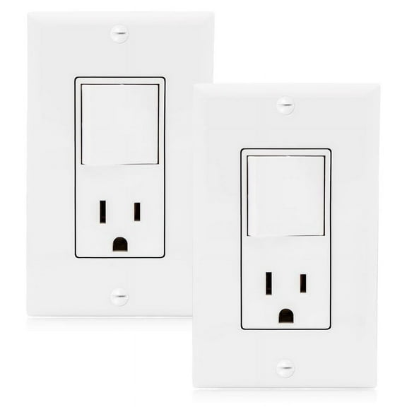 Maxxima Combination Rocker Light Switch and Outlet - Single Pole White Decor Combo Style Receptacle, Wall Plates Included, UL Listed, 15A / 120V AC - 2 Pack