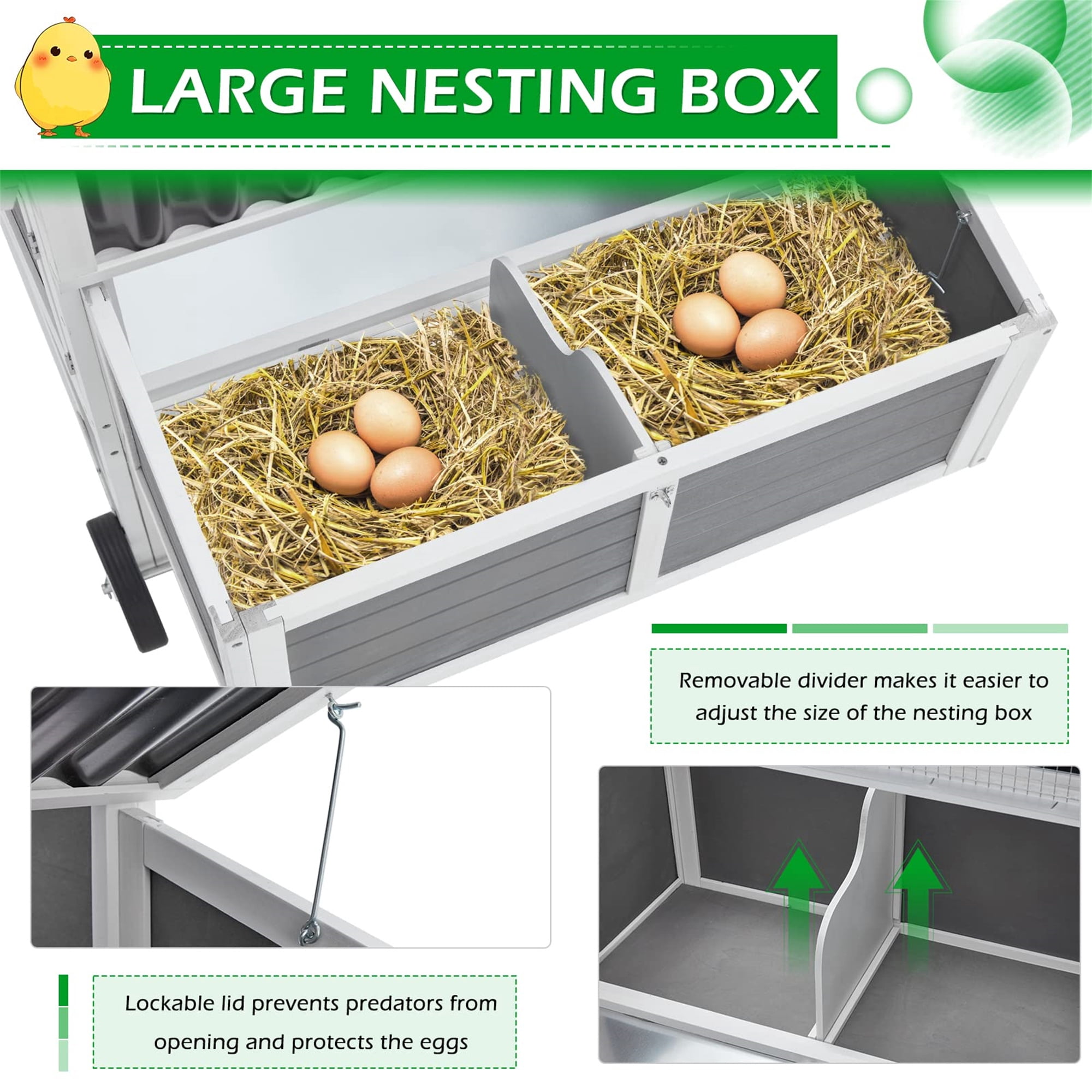 Aukfa 71" Chicken Coop Wooden Poultry Cage with Wheels & Nesting Box for Outdoor, Gray
