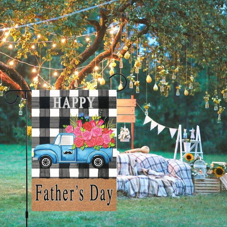Fupoqi Maelys Happy Father's Day Garden Flag 12x18 Double Sided Burlap  Buffalo Check Plaid Truck Rose Floral Garden Flags Banners Vertical for  Daddy Papa Grandpa Father's Day Ou 