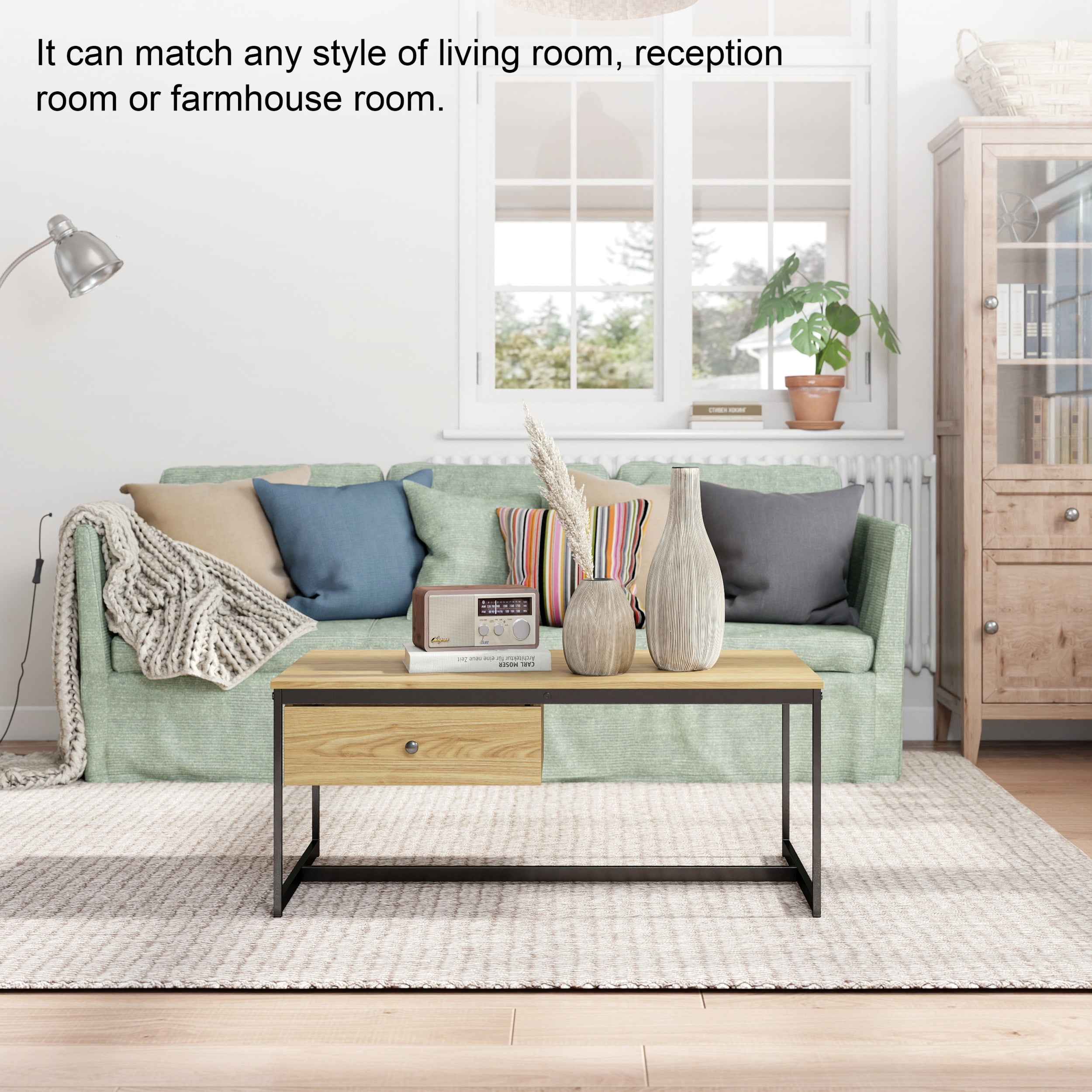 Manxile Industrial Rectangle Wood Coffee Table Metal Cocktail Table with Drawer, Natural
