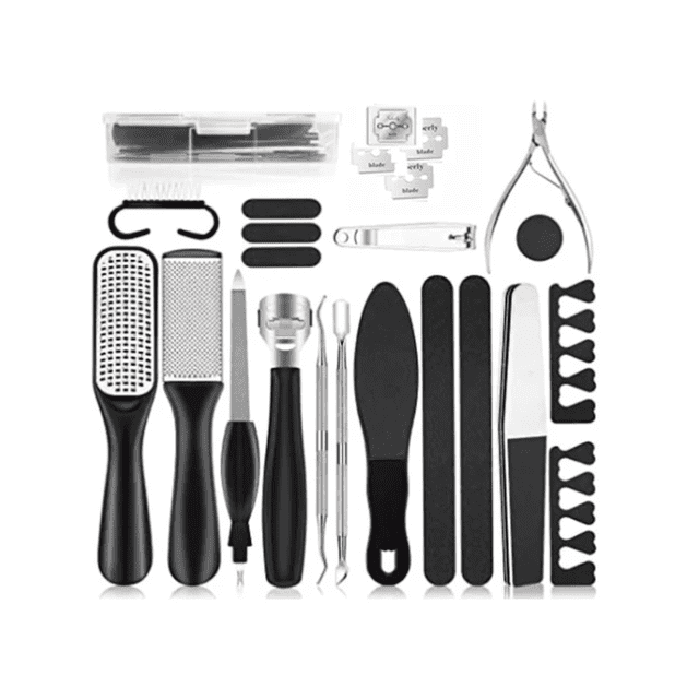 Kit de pedicura profesional: juego de herramientas de pedicura, kit para el cuidado de los pies, raspador y afeitadora, juego negro de 21 piezas (incluye caja para uñas)