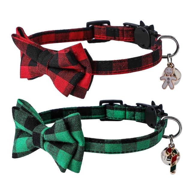 Paquete de 2 collares navideños para perros, collares clásicos para perros a cuadros de búfalo con pajarita extraíble, ajustable