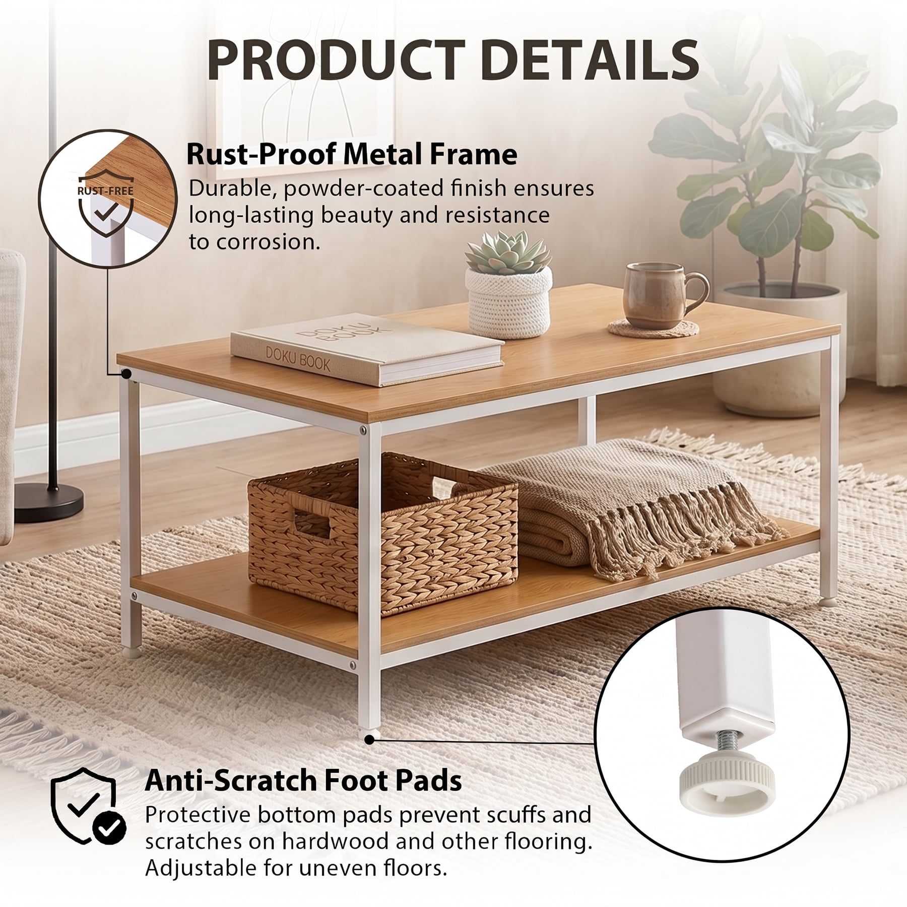 HomGarden 39.4" Modern Rectangle 2-Tier Coffee Table Wood Cocktail Table Home Office, Natural