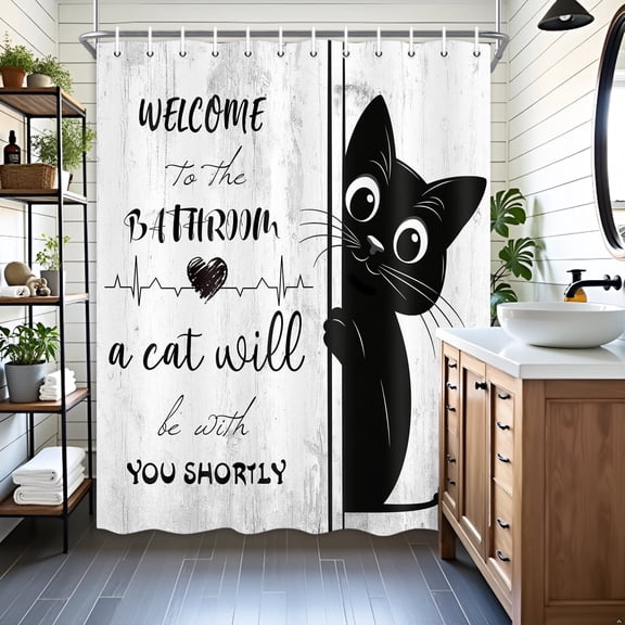 Funny Black Cat Shower Curtain, Welcome to The Bathroom Rustic Farmhouse Fabric Shower Curtain Set with Hooks, Cute Kitten Animal Waterproof Bath Curtain for Bathroom Decor,12pcs Hooks,69X70 in