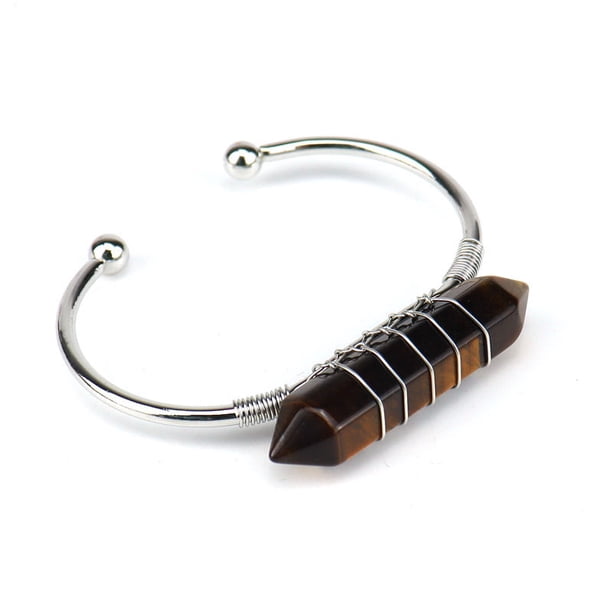Xiao Hua Pulsera de cuentas hecha a mano, ideal para hombres y mujeres, hecha a mano, con alambre de cobre y plata, con piedra natural y prisma hexagonal abierto (marrón).