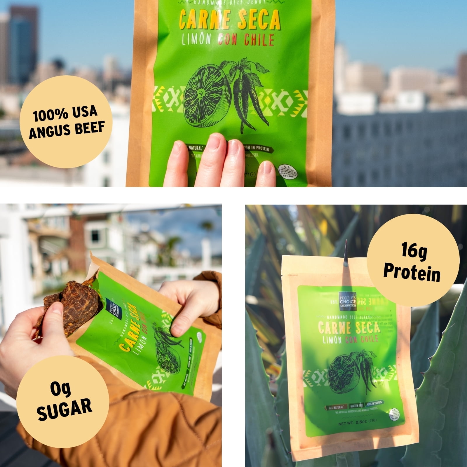 People's Choice Beef Jerky - Carne Seca - Limón Con Chile - Sugar Free, Low Carb - 1 Pound, 1 Bag