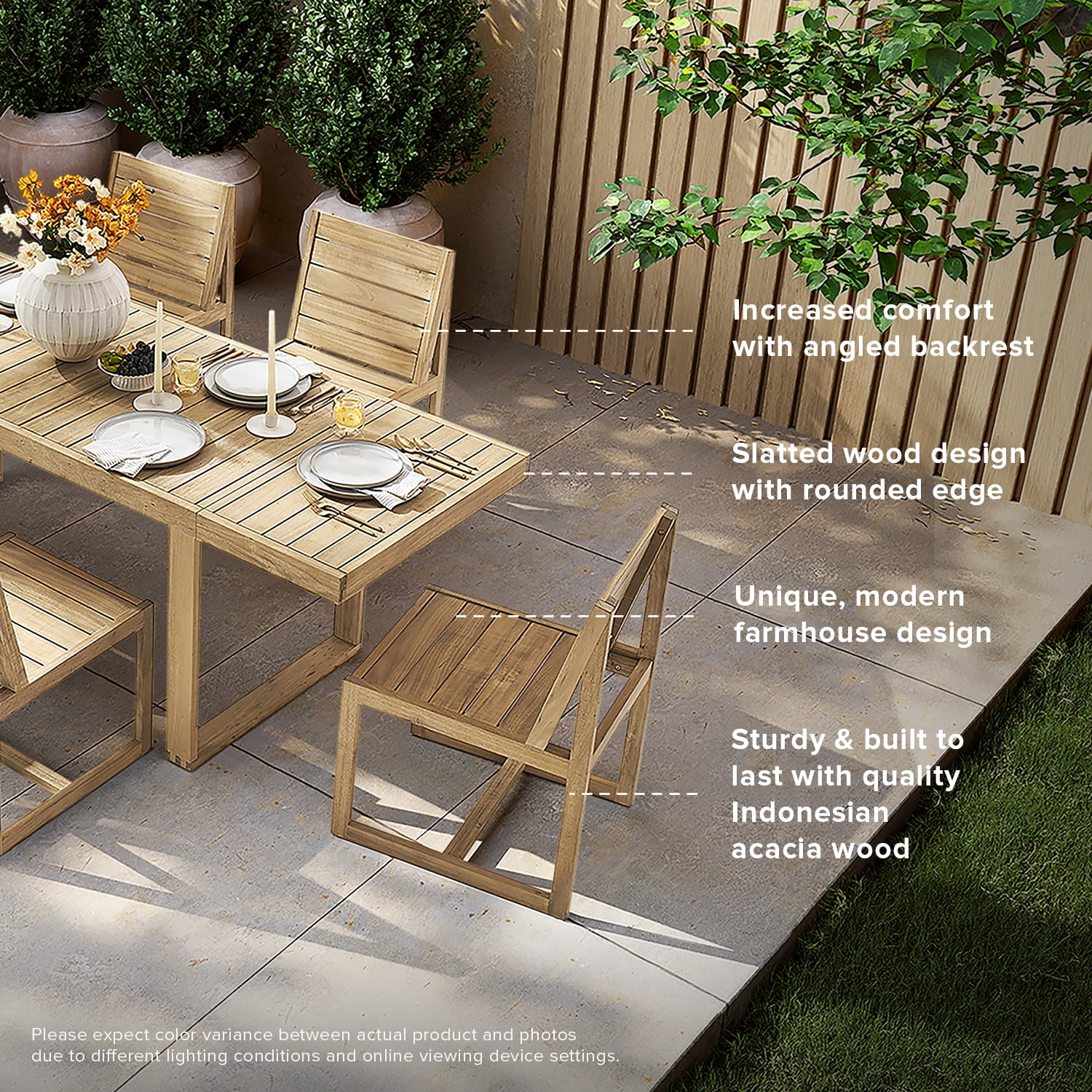 Mopio Bruno Patio Chairs, Solid Acacia Wood Outdoor & Indoor Chairs for Dining, Slatted Mid Century Modern Farmhouse Outside Chairs, for Picnic Garden Backyard Poolside Porch Conversation (Set of 4)
