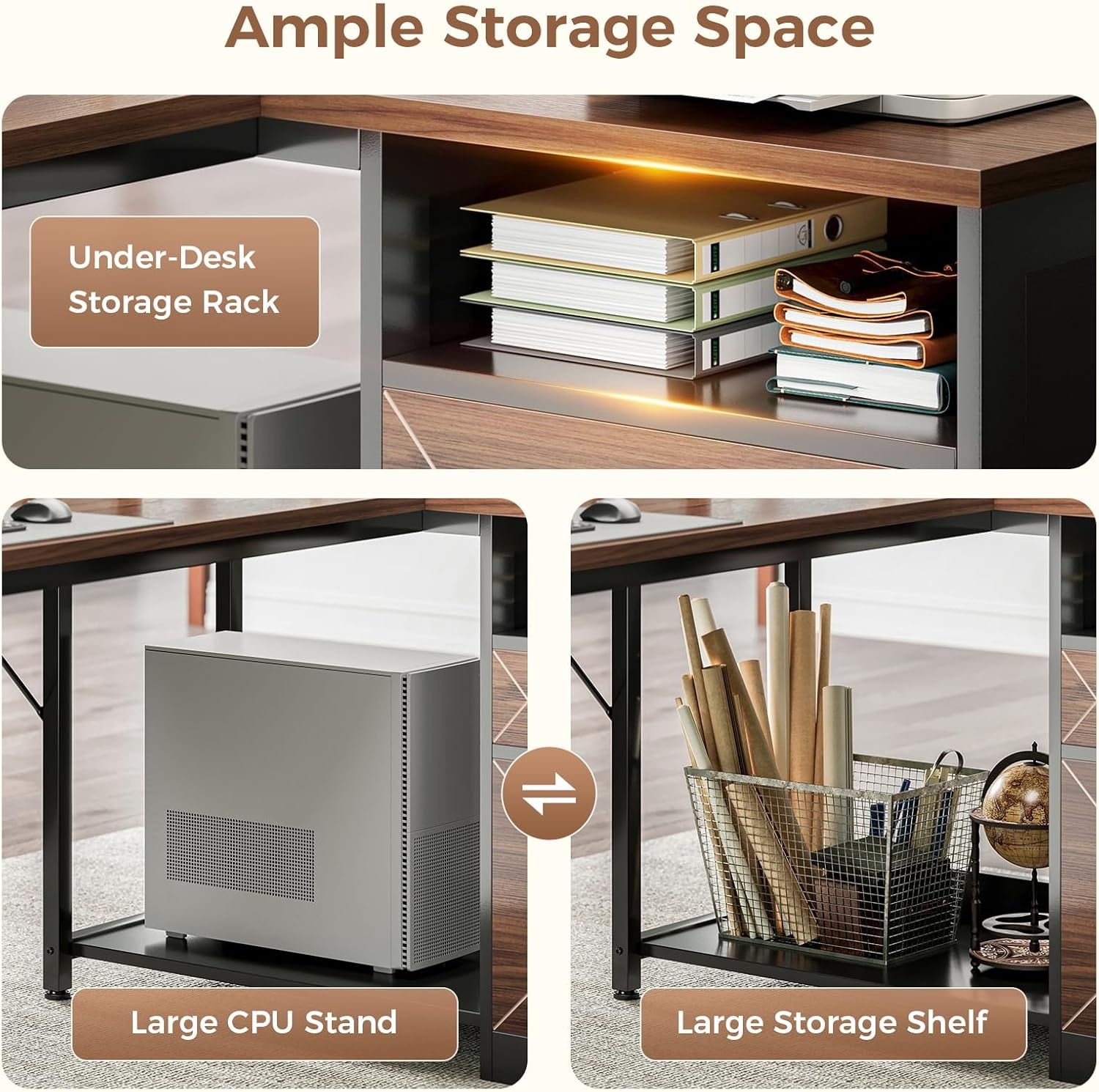 AODK 61 Inch L Shaped Desk with Drawers & lockable File Cabinet, Farmhouse Executive Office Desk with Led Lights & Power Outlet, Computer Desk with Storage Shelves,Monitor Stand and CPU Stand, Walnut
