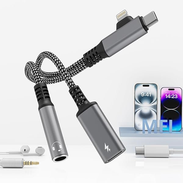 wonima11 2 in 2 Lightning Splitter Headphone and Charging, Lightning to 3.5mm Splitter, USB C to 3.5mm Jack Audio Adapter, USB C Charger Dongle Dongle for iPhone 16/15/14/GalaxyS22/Pixel