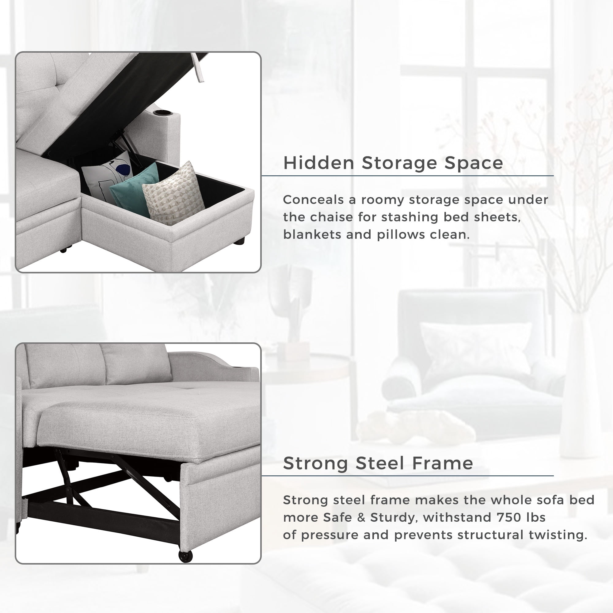 Aukfa Sofa Bed, Sleeper Sofa, 2 in 1 Pull Out Bed with Storage Chaise for Living Room, Linen, Gray