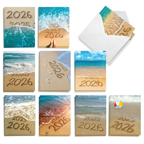 The Best Card Company 20 Assorted New Year Notecards set 4 x 5.12 Inch with Envelopes (10 Designs, 2 Each) 2026 Sands Of Time AM6133NYG-B2x10-25