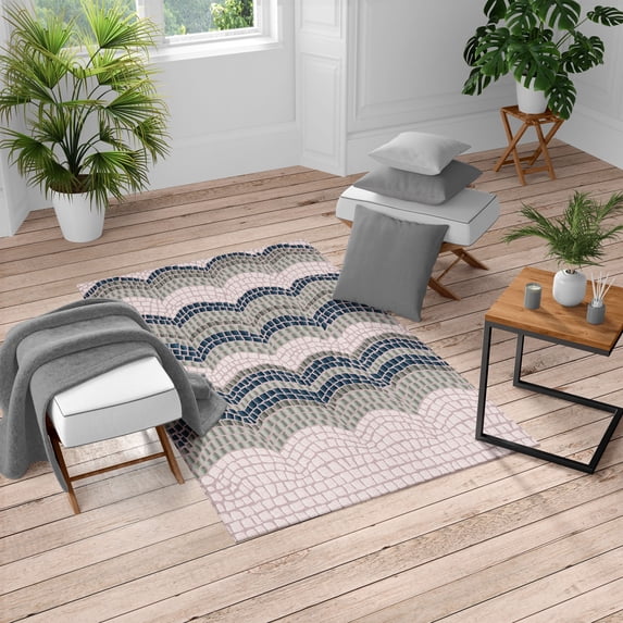 Tiles Turkish Area Rug, Gradient Colored Mosaic Waves Setting Antique Roman Royal Dated Retro Patterns, Soft Carpet for Living Room Decor with Distressed Look, 6.6' X 9.6', Night Blue, by Ambesonne