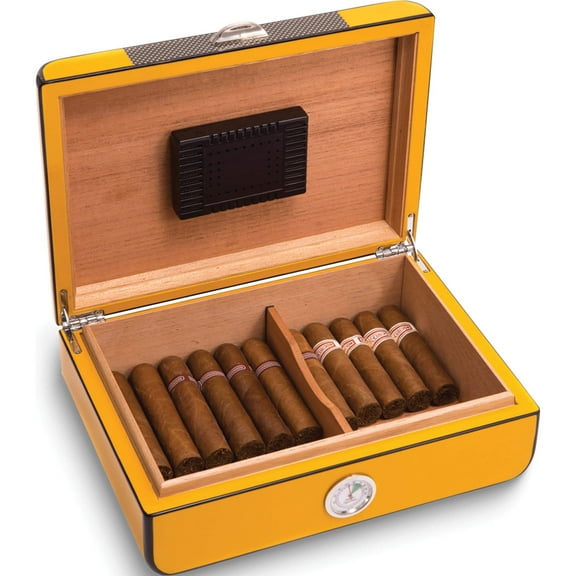 Fashion Carbon Fiber And Yellow Lacquered 25 Cigar Humidor (11 X 7.75) Made In China gm13368