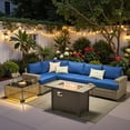 thumbnail image 2 of Ovios 7 Pieces Patio Furniture Conversation Set, Wicker Rattan Outdoor Sectional Sofa with Fire Pit Table and Smart Lighted Table, Navy Blue, 2 of 9
