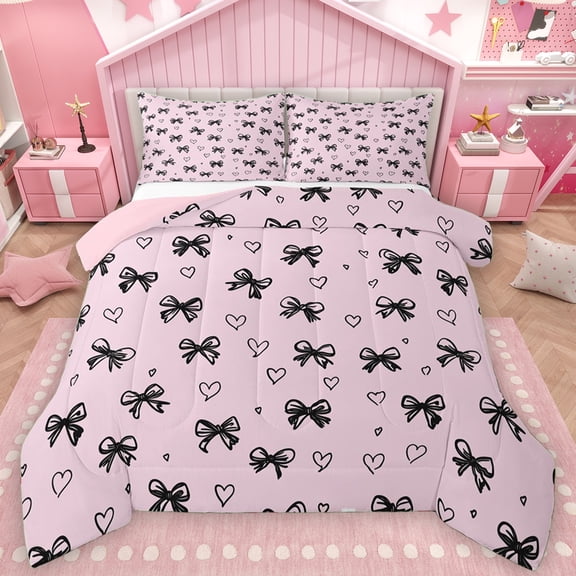 Manfei Black Pink Ribbon Bedding Comforter Set for Kids, Kawaii Love Heart Twin Comforter Sets, Cartoon Princess Style Reversible Bedding Set, Microfiber Bedroom Decor, 2pcs