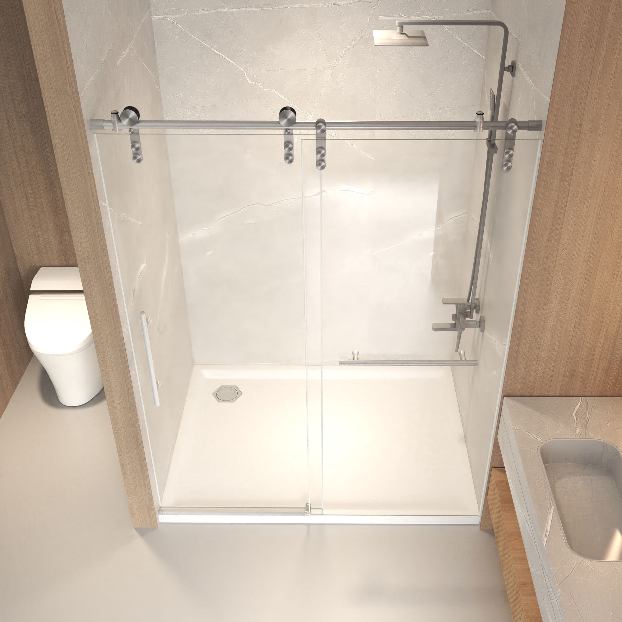 Leumius 44-48" x 76" H Frameless Sliding Shower Door,5/16" Clear Tempered Glass Sliding Shower Door,Stainless Steel Frame,Brushed Nickel