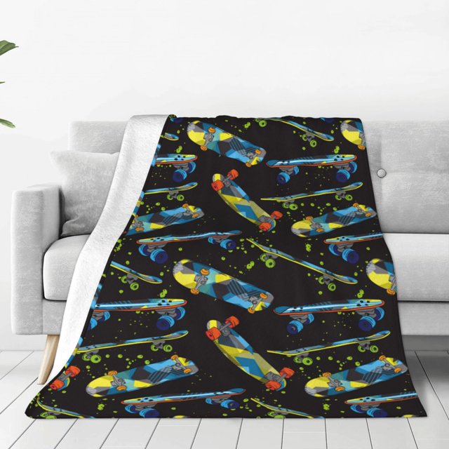 Balery Colorful Skateboard Manta de Felpa Suave y Acogedora – Cobija de Franela Aterciopelada para Cama, Lavable y Cálida para Sofá, Mascotas, Transpirable-80"x60"