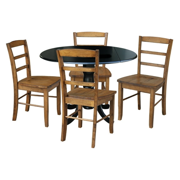 International Concepts Solid Wood 5-Piece Dining Set with 42 in. Dual Drop Leaf Table and 4 Ladder Back Dining Chairs in Black/Pecan