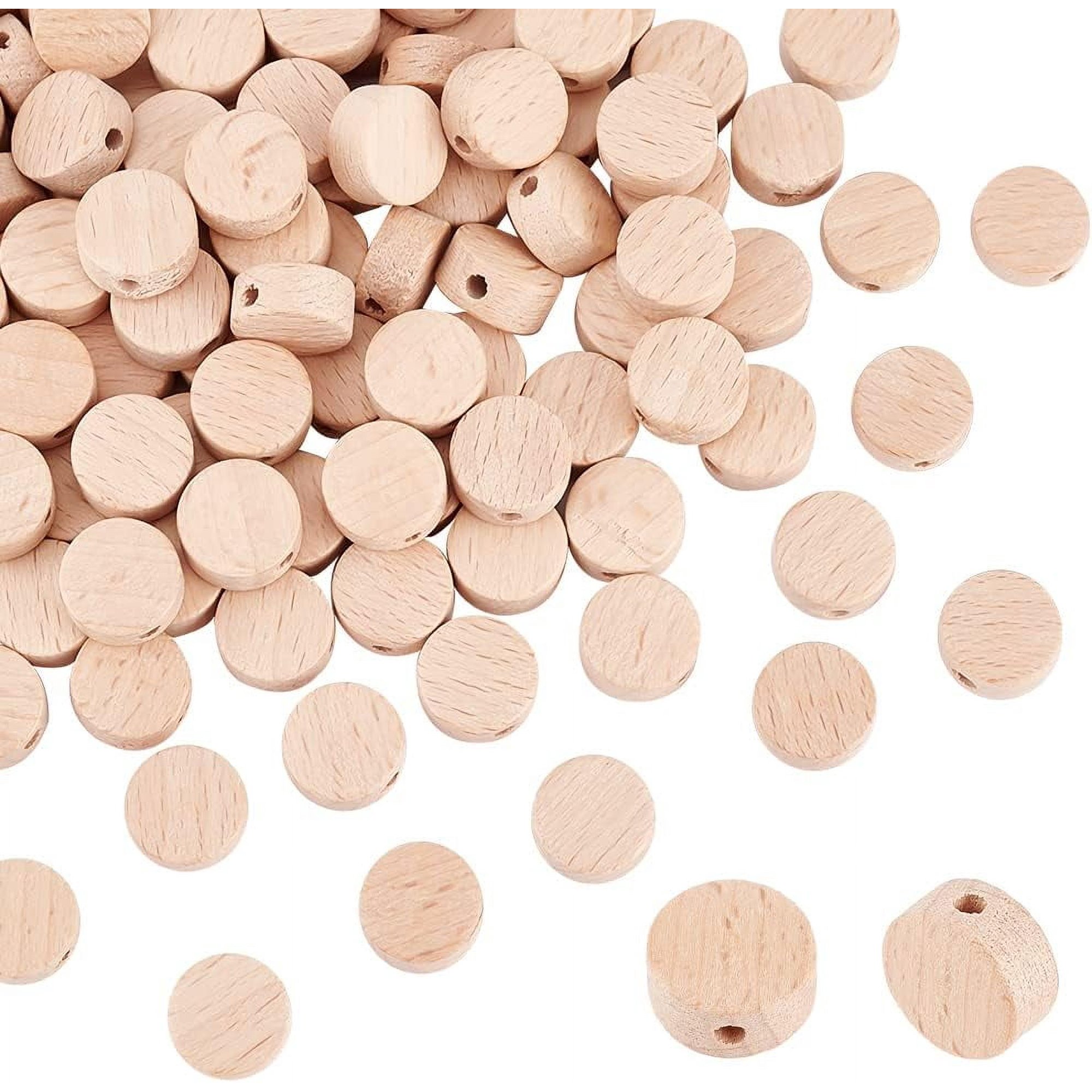 PH 100pcs Flat Round Wood Beads 14x7mm Wooden Coin Beads Wood Spacer Bead Unfinished Disc for Jewelry Necklace Bracelet Craft Making Home Easter Christmas Macrame 3mm Hole for DIY