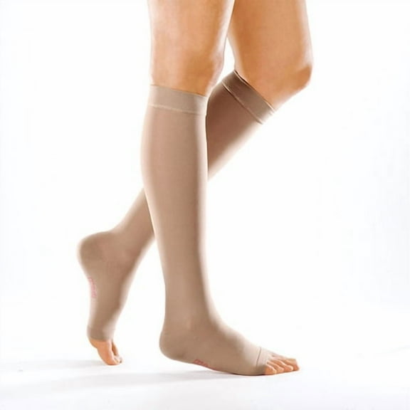 medi Forte 40-50 mmHg Calf High Open Toe w/Silicone Top Band Compression Stockings, Beige, III, Wide