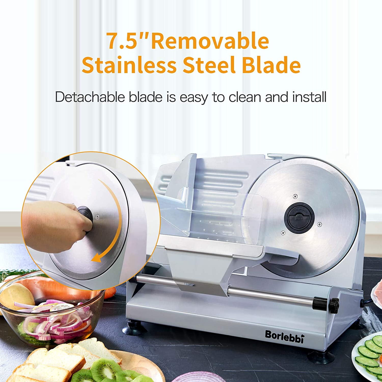 Meat Slicer, Anescra 200W Electric Deli Food Slicer with Two Removable  7.5'' Stainless Steel Blades and Food Carriage, 0-15mm Adjustable Thickness