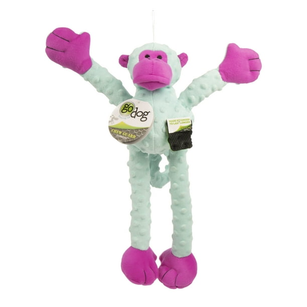 goDog Crazy Tugs Plush Squeaker Monkey Dog Toy, Large, Turquoise Pink