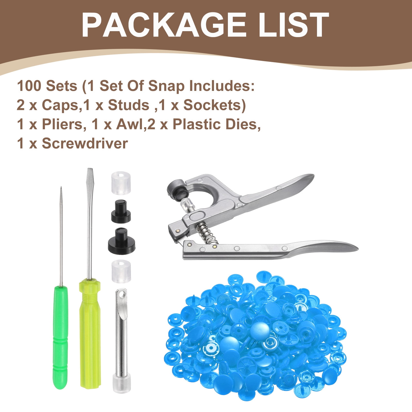 Uxcell Plastic Snaps Fasteners with Snap Pliers, 100 Set T8 Round Resin No-Sew Button Snap Fasteners Kit Sky Blue