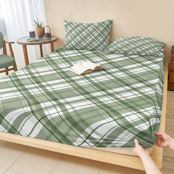 Cal.King Size Fitted Sheet Set - Sage Green Plaid 3 Piece Bedding Sets 16" Deep Pocket Fitted Sheet with 2 Pillowcases, White Stripes Modern Grids Geometric Brushed Microfiber Hotel Luxury Bed Sheets